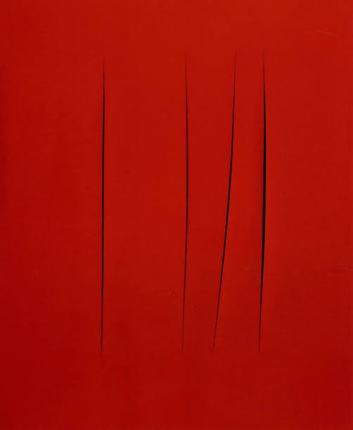 Concetto spaziale, Attese, de Lucio Fontana: tela monocromática vermelha atravessada por cinco cortes verticais escuros.