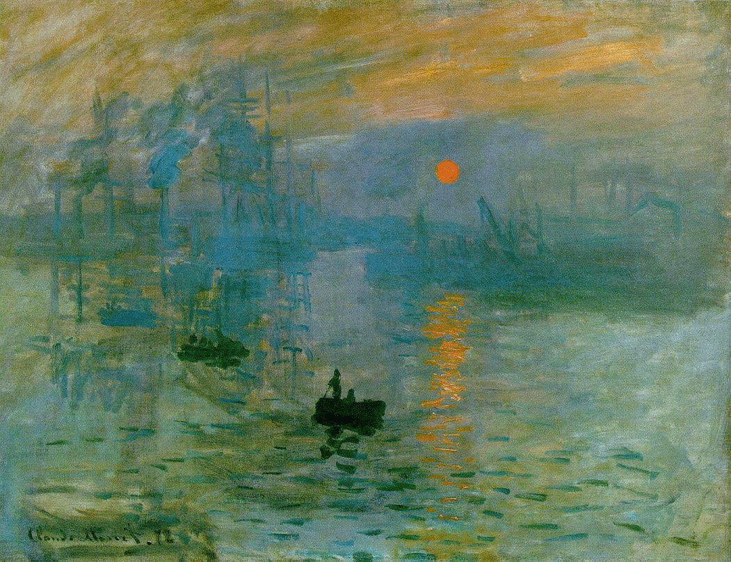 Impressão, nascer do sol, de Claude Monet: o porto de Le Havre envolvido por névoa azulada, com barcos escuros e um sol laranja refletido sobre a água