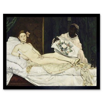 Olympia, de Édouard Manet: uma mulher nua reclinada sobre uma cama, acompanhada por uma criada negra que segura um buquê de flores
