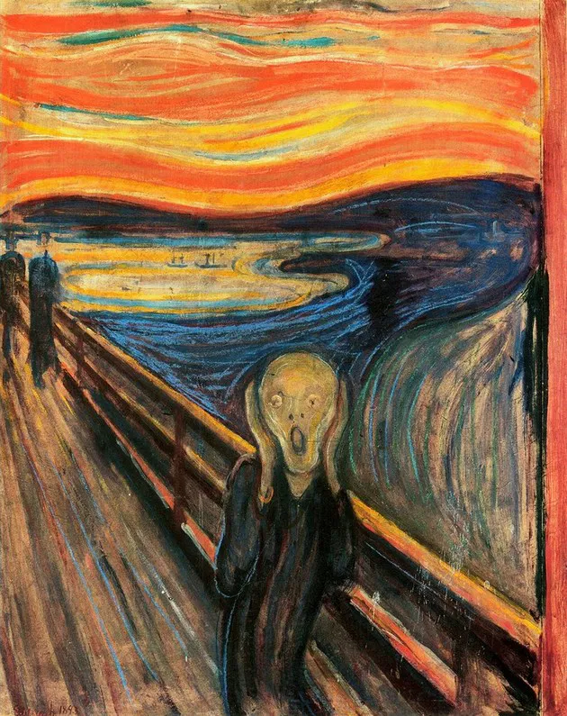 O grito, de Edvard Munch: uma figura com as mãos junto ao rosto sobre uma ponte, diante de um céu ondulante em tons de vermelho e laranja