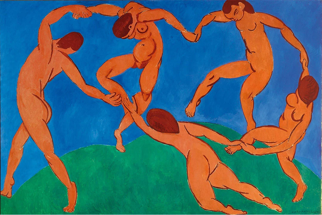 A dança, de Henri Matisse: cinco figuras de mãos dadas formam uma roda sobre uma colina verde, diante de um fundo azul