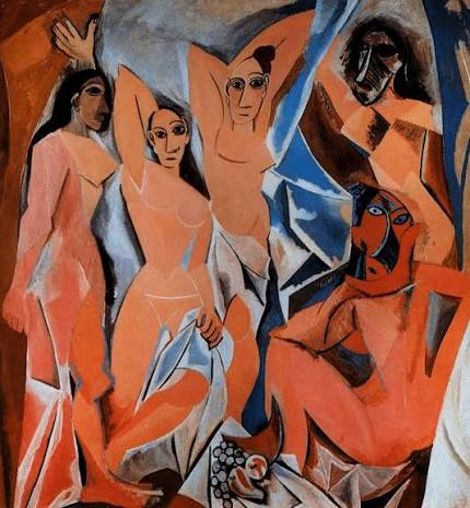 As senhoritas de Avignon, de Pablo Picasso: cinco figuras femininas construídas por formas angulosas e rostos de feições distintas em um espaço fragmentado
