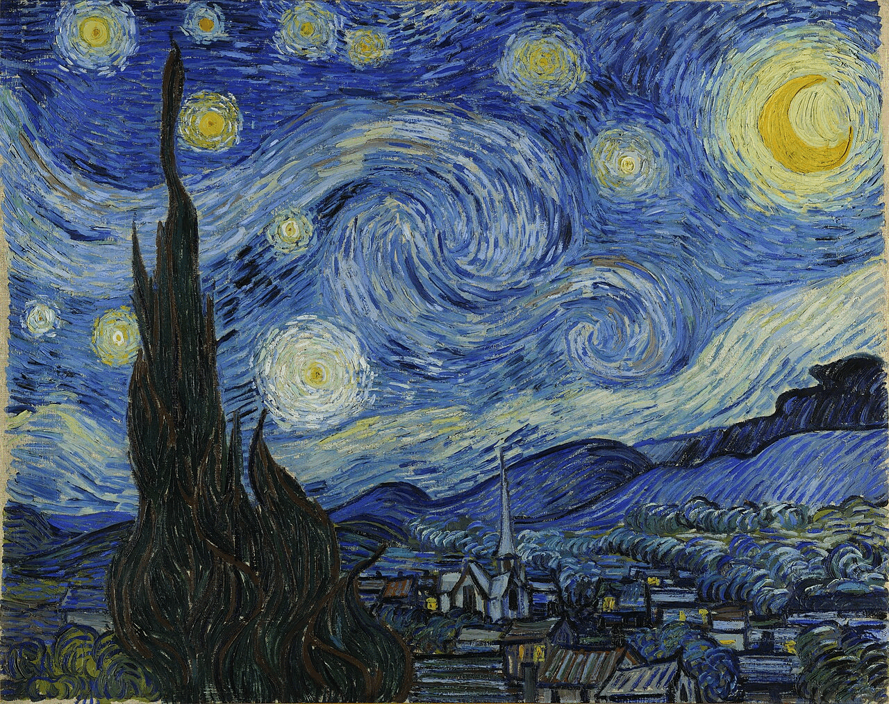 A noite estrelada, de Vincent van Gogh: um céu azul de estrelas e espirais luminosas sobre uma vila, com um grande cipreste escuro em primeiro plano
