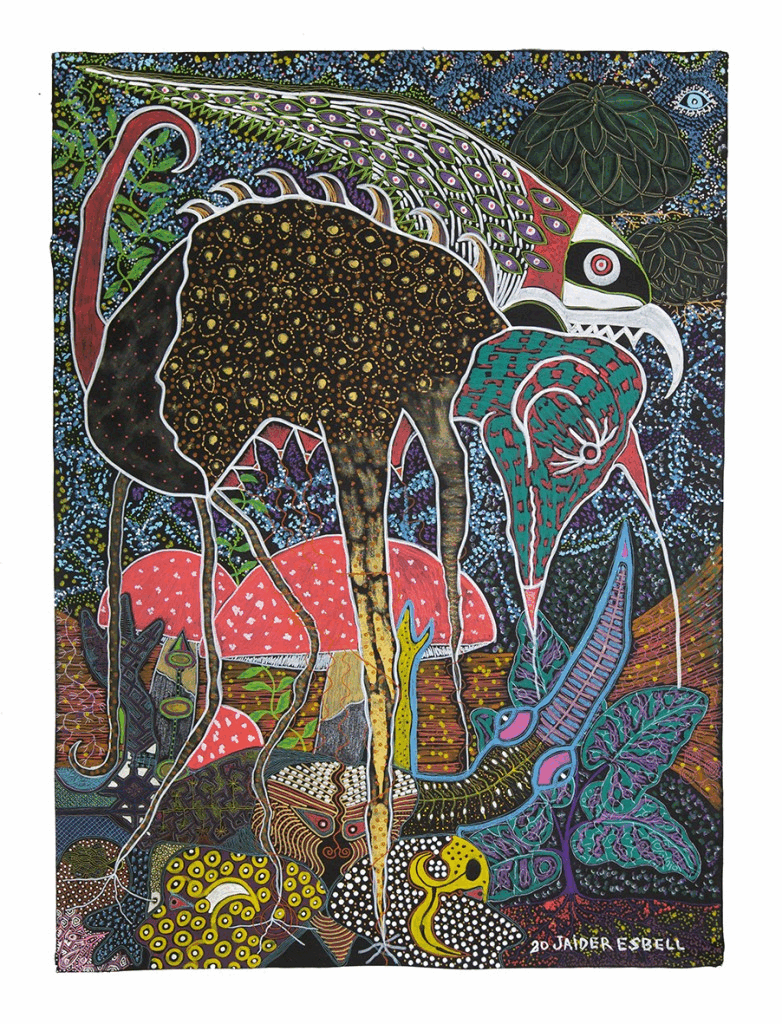 Gravura da série A Guerra dos Kanaimés com um grande ser híbrido negro, aves e formas vegetais