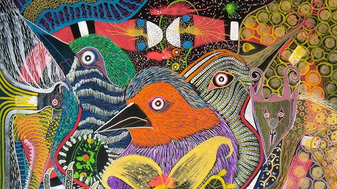 Gravura horizontal da série A Guerra dos Kanaimés com aves, olhos e figuras fantásticas intensamente coloridas